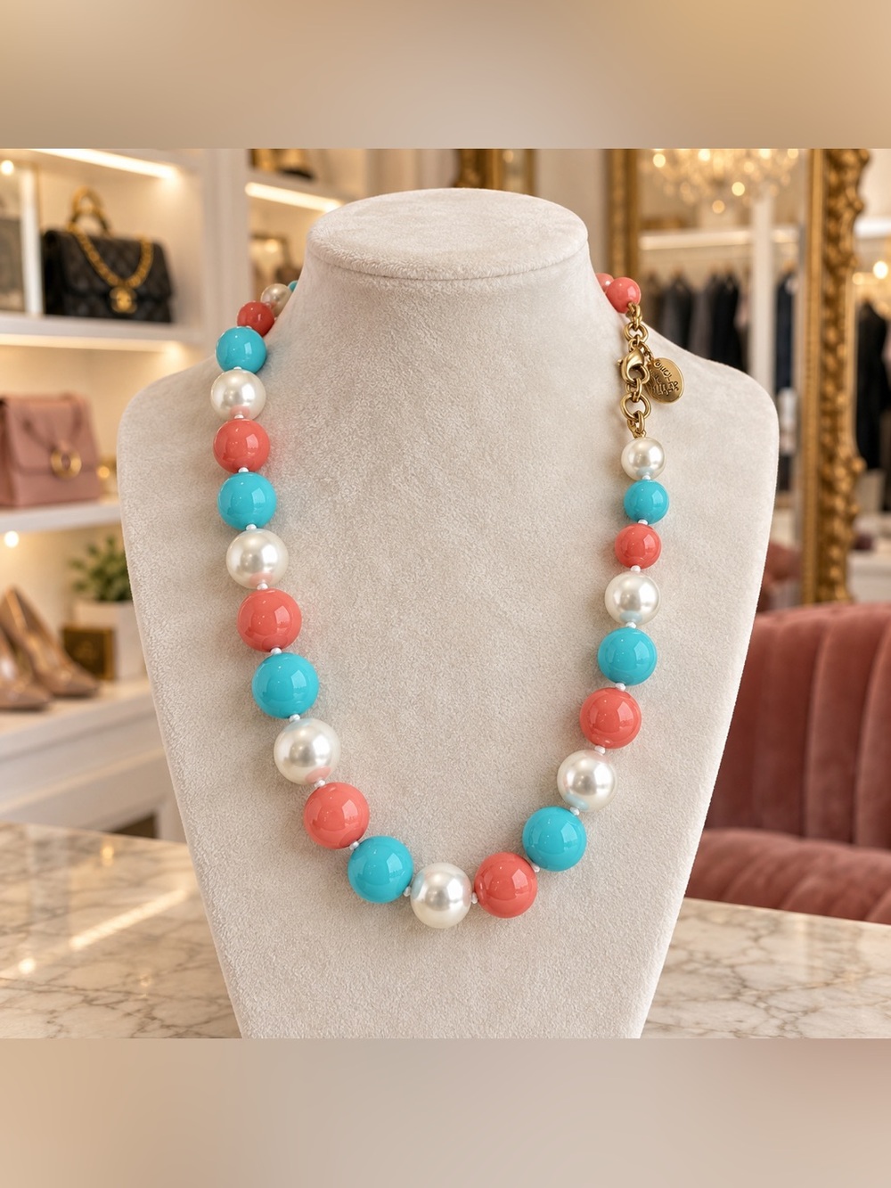 Signed Nolan Miller Coral Aqua Faux Pearl Necklace w Original Pouch